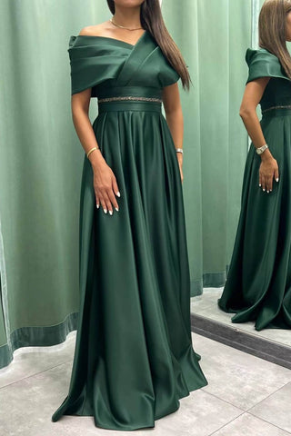 Elegant Off-the-Shoulder Long Burgundy Satin Evening Dresses