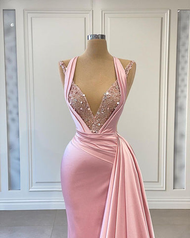 Elegant Long Halter V-neck Satin Mermaid Evening Dresses
