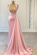 Elegante Abito da Sera Sirena Lungo Satin Scollo a V con Fascia Collo