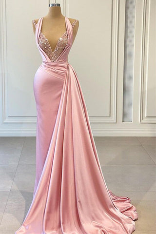 Elegant Long Halter V-neck Satin Mermaid Evening Dresses