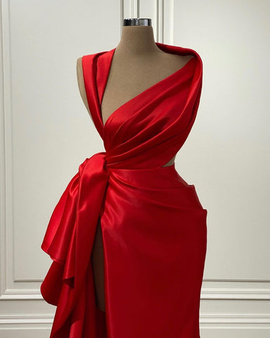 Elegant Red One Shoulder Satin Long Evening Dress with High Slit