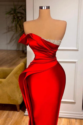 Elegant Red Long Mermaid Strapless Satin Formal Prom Dresses