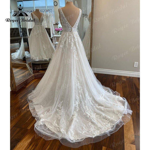 Elegante Robe Chic Boho Spitze Brautkleid 2025 V hals Frauen EINE Linie Tüll Braut Kleider Spitze Bidice Vestidos de Novia Backless 