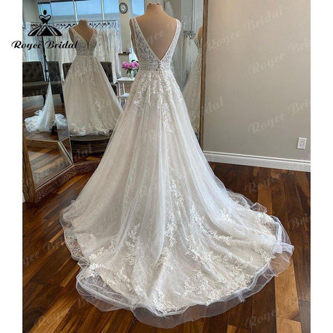 Elegante Robe Chic Boho Spitze Brautkleid 2025 V hals Frauen EINE Linie Tüll Braut Kleider Spitze Bidice Vestidos de Novia Backless 