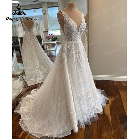 Elegante Robe Chic Boho Spitze Brautkleid 2025 V hals Frauen EINE Linie Tüll Braut Kleider Spitze Bidice Vestidos de Novia Backless 