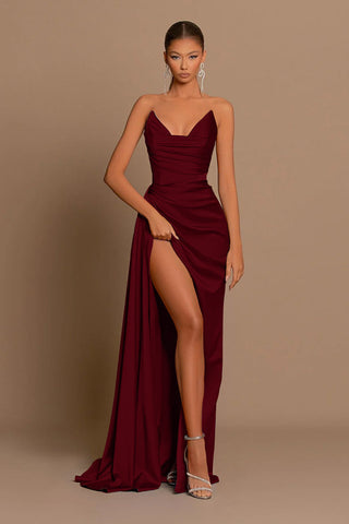 Elegant Burgundy Long Mermaid Sweetheart Satin Evening Dress with Slit