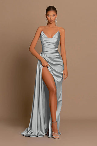 Elegant Burgundy Long Mermaid Sweetheart Satin Evening Dress with Slit
