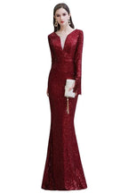 Elegant Sequined Burgundy V-Neck Mermaid Cocktail Party Dress Floor Length by misshow.com