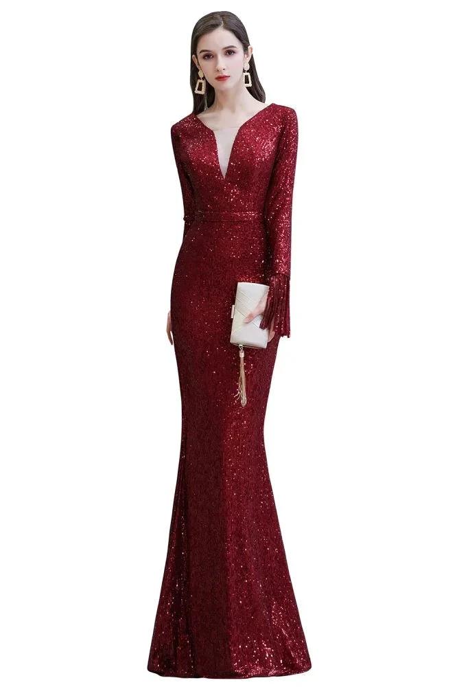 Elegant Sequined Burgundy V-Neck Mermaid Cocktail Party Dress Floor Length by misshow.com