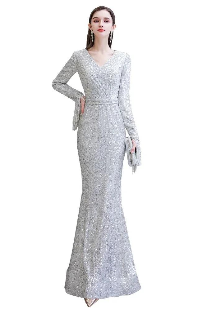 Elegant Sequined Burgundy V-Neck Mermaid Cocktail Party Dress Floor Length by misshow.com