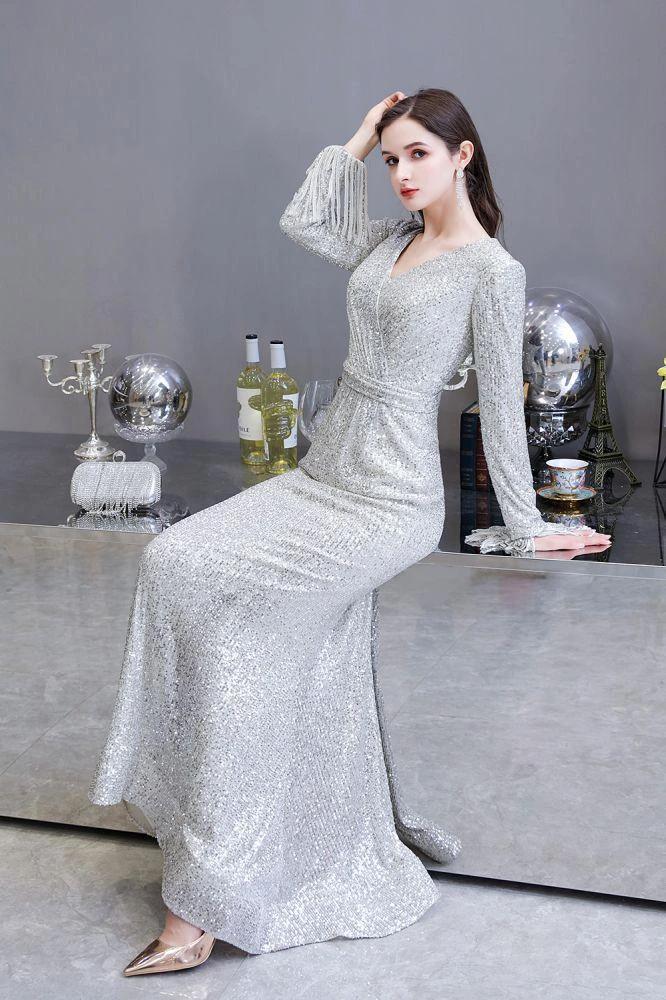 Elegant Sequined Burgundy V-Neck Mermaid Cocktail Party Dress Floor Length by misshow.com