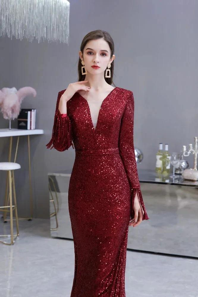 Elegant Sequined Burgundy V-Neck Mermaid Cocktail Party Dress Floor Length by misshow.com