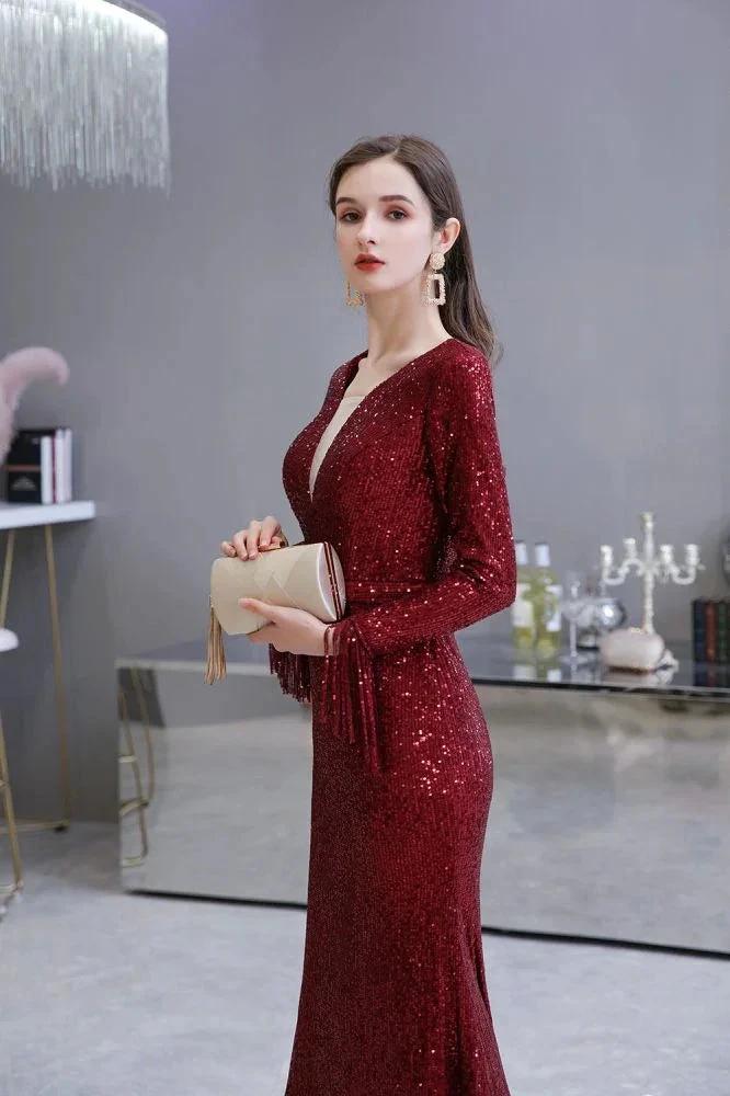 Elegant Sequined Burgundy V-Neck Mermaid Cocktail Party Dress Floor Length by misshow.com