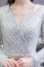 Elegant Sequined Burgundy V-Neck Mermaid Cocktail Party Dress Floor Length by misshow.com
