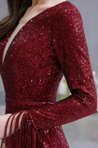 Elegant Sequined Burgundy V-Neck Mermaid Cocktail Party Dress Floor Length by misshow.com