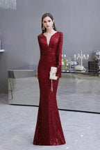 Elegant Sequined Burgundy V-Neck Mermaid Cocktail Party Dress Floor Length by misshow.com