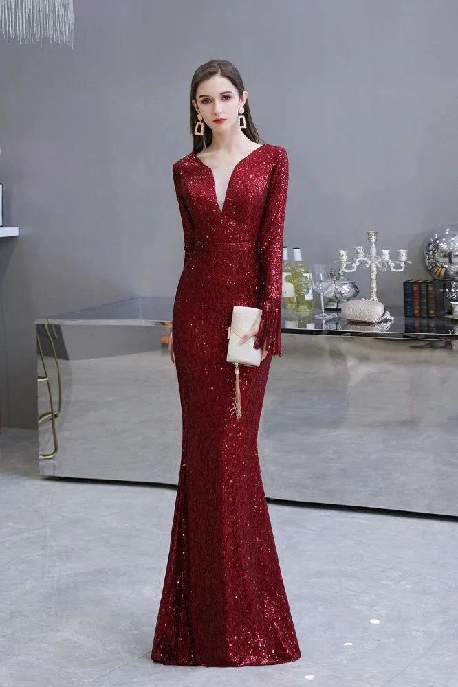 Elegant Sequined Burgundy V-Neck Mermaid Cocktail Party Dress Floor Length by misshow.com