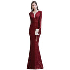 Elegant Sequined Burgundy V-Neck Mermaid Cocktail Party Dress Floor Length by misshow.com