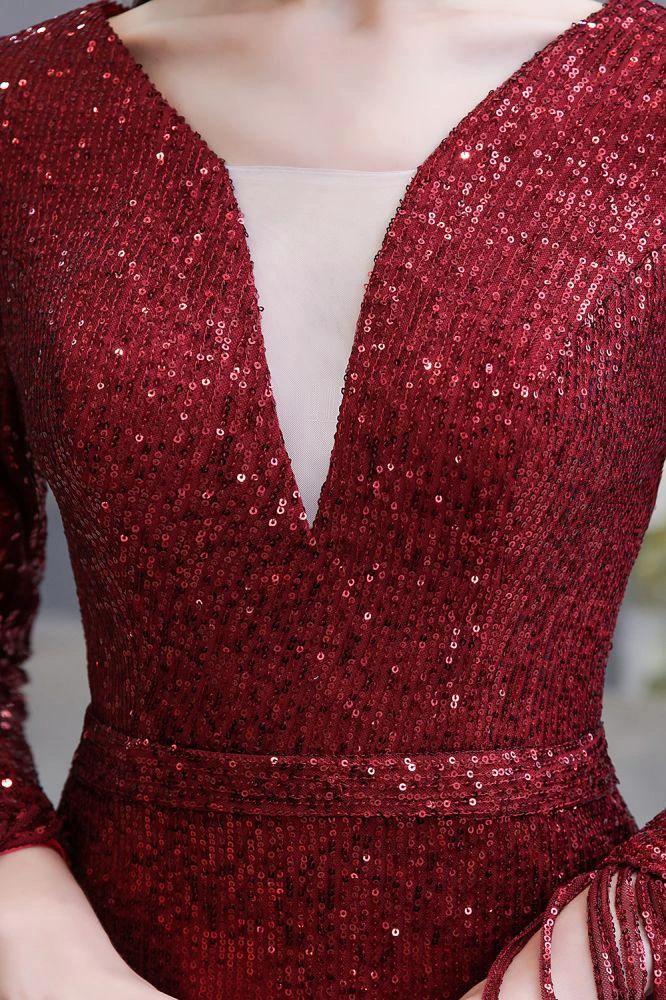 Elegant Sequined Burgundy V-Neck Mermaid Cocktail Party Dress Floor Length by misshow.com