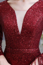 Elegant Sequined Burgundy V-Neck Mermaid Cocktail Party Dress Floor Length by misshow.com