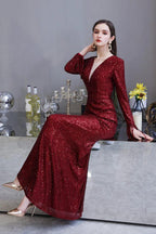 Elegant Sequined Burgundy V-Neck Mermaid Cocktail Party Dress Floor Length by misshow.com