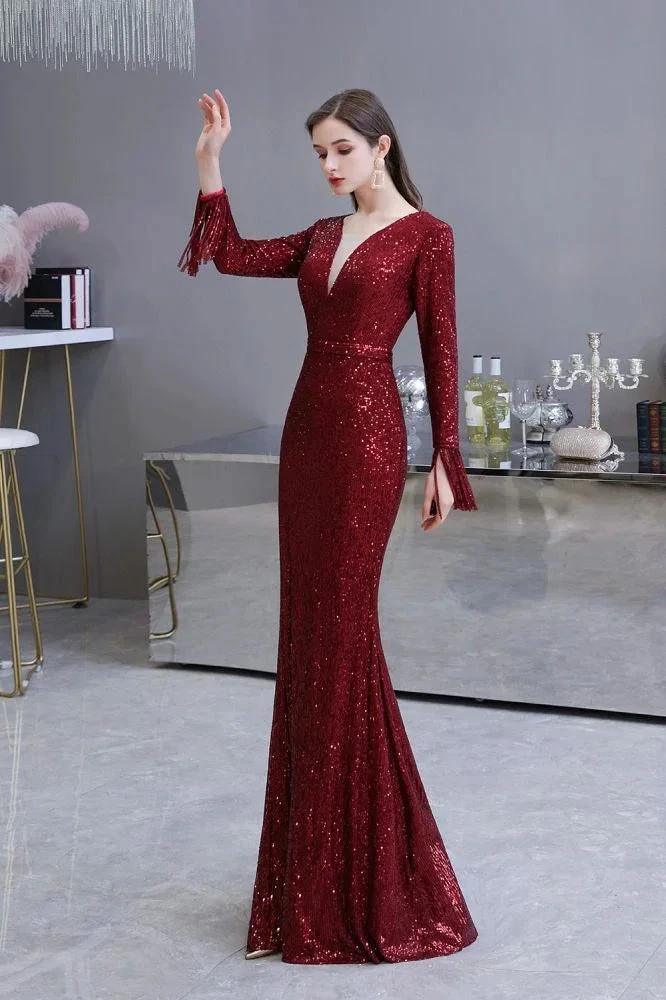 Elegant Sequined Burgundy V-Neck Mermaid Cocktail Party Dress Floor Length by misshow.com