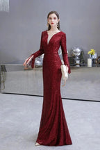 Elegant Sequined Burgundy V-Neck Mermaid Cocktail Party Dress Floor Length by misshow.com
