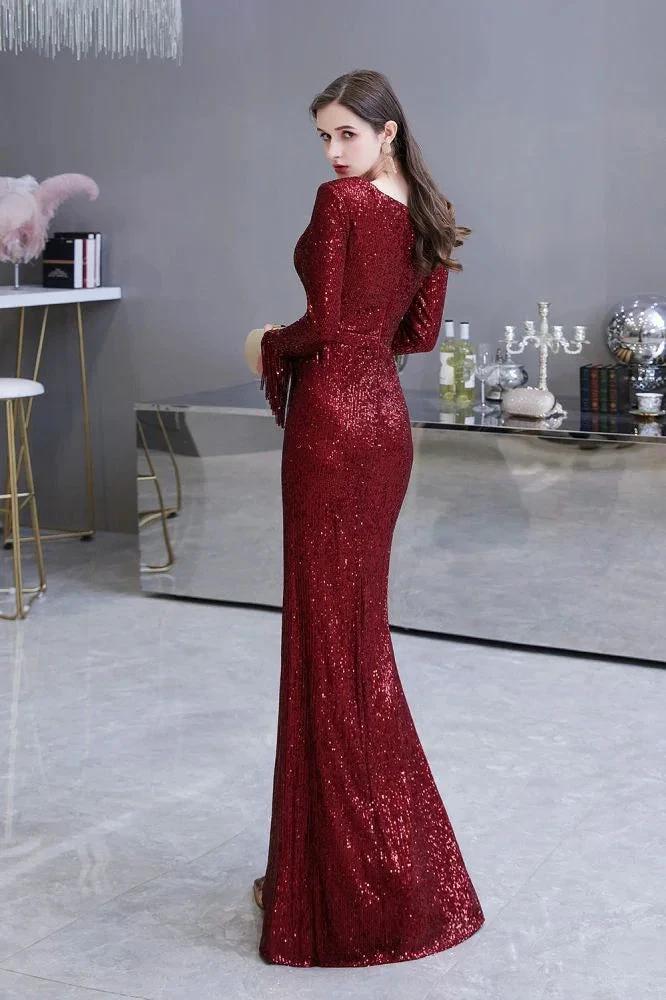 Elegant Sequined Burgundy V-Neck Mermaid Cocktail Party Dress Floor Length by misshow.com
