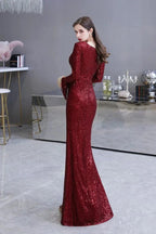 Elegant Sequined Burgundy V-Neck Mermaid Cocktail Party Dress Floor Length by misshow.com