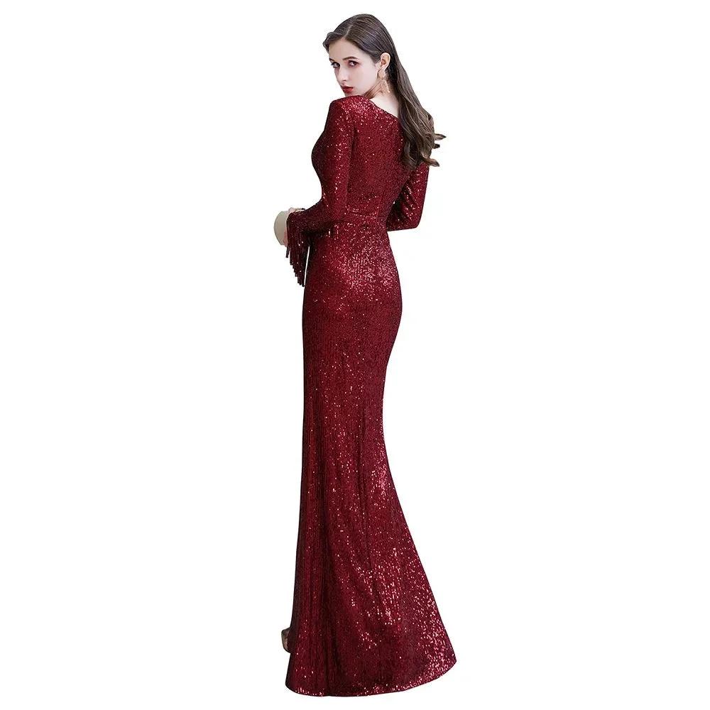 Elegant Sequined Burgundy V-Neck Mermaid Cocktail Party Dress Floor Length by misshow.com