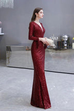 Elegant Sequined Burgundy V-Neck Mermaid Cocktail Party Dress Floor Length by misshow.com