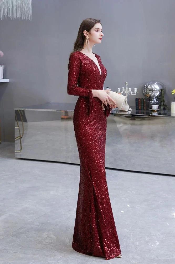 Elegant Sequined Burgundy V-Neck Mermaid Cocktail Party Dress Floor Length by misshow.com