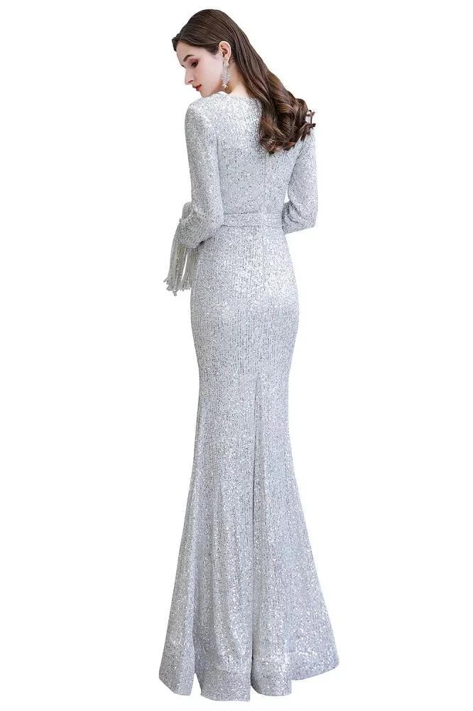 Elegant Sequined Burgundy V-Neck Mermaid Cocktail Party Dress Floor Length by misshow.com