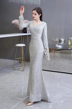 Elegant Sequined Burgundy V-Neck Mermaid Cocktail Party Dress Floor Length by misshow.com