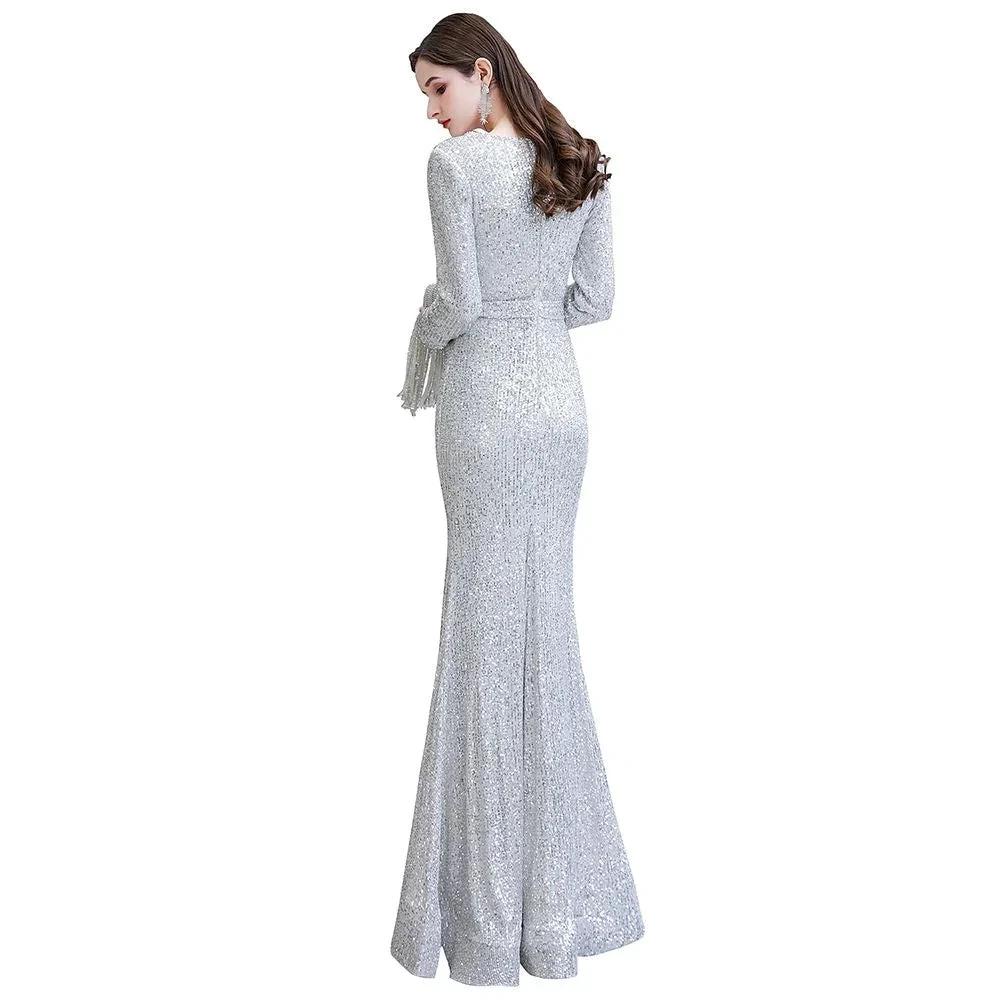 Elegant Sequined Burgundy V-Neck Mermaid Cocktail Party Dress Floor Length by misshow.com