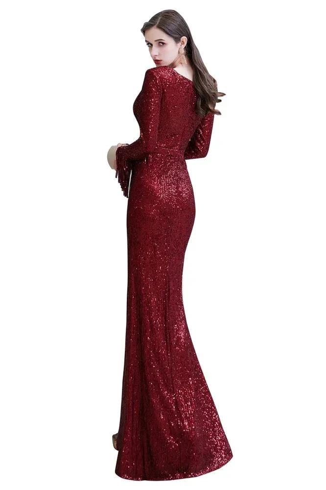 Elegant Sequined Burgundy V-Neck Mermaid Cocktail Party Dress Floor Length by misshow.com
