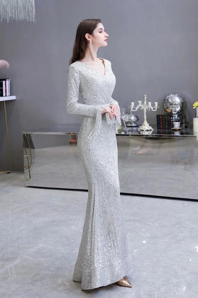Elegant Sequined Burgundy V-Neck Mermaid Cocktail Party Dress Floor Length by misshow.com