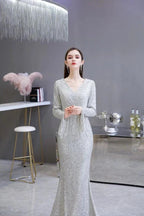 Elegant Sequined Burgundy V-Neck Mermaid Cocktail Party Dress Floor Length by misshow.com