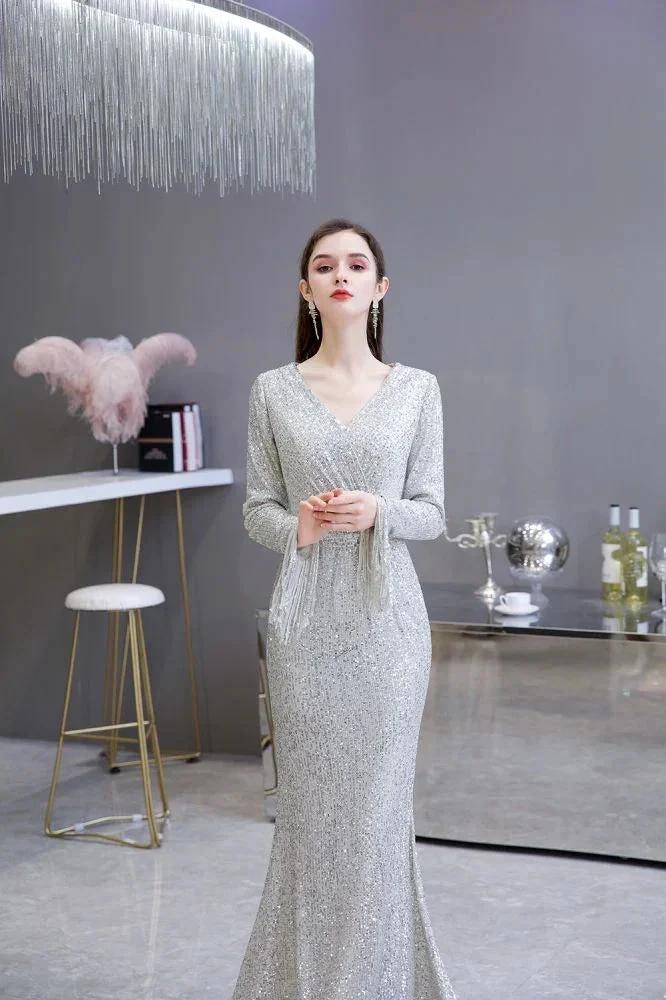 Elegant Sequined Burgundy V-Neck Mermaid Cocktail Party Dress Floor Length by misshow.com