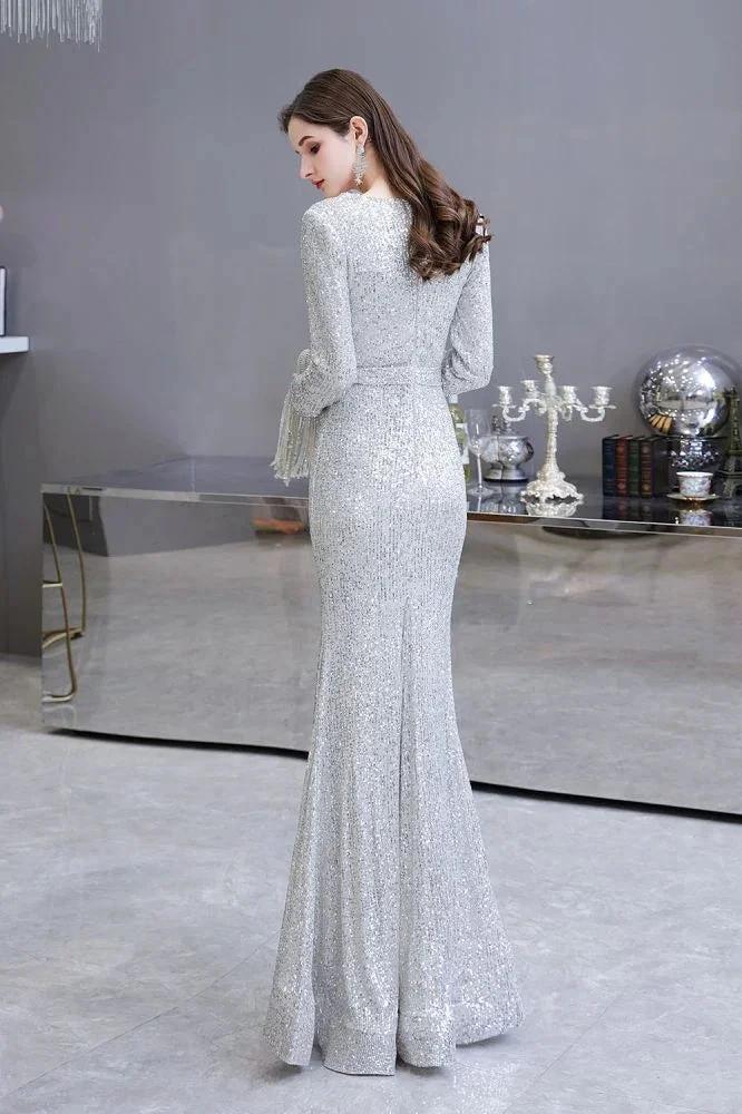 Elegant Sequined Burgundy V-Neck Mermaid Cocktail Party Dress Floor Length by misshow.com