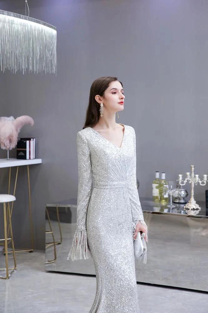 Elegant Sequined Burgundy V-Neck Mermaid Cocktail Party Dress Floor Length by misshow.com
