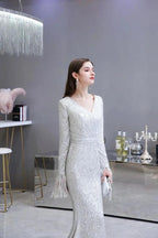 Elegant Sequined Burgundy V-Neck Mermaid Cocktail Party Dress Floor Length by misshow.com