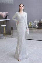 Elegant Sequined Burgundy V-Neck Mermaid Cocktail Party Dress Floor Length by misshow.com