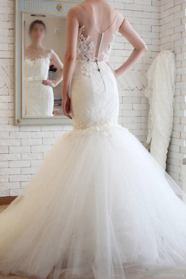 Elegantes durchsichtiges Meerjungfrau-Hochzeitskleid aus Tüll mit Rückenpartie aus Spitze