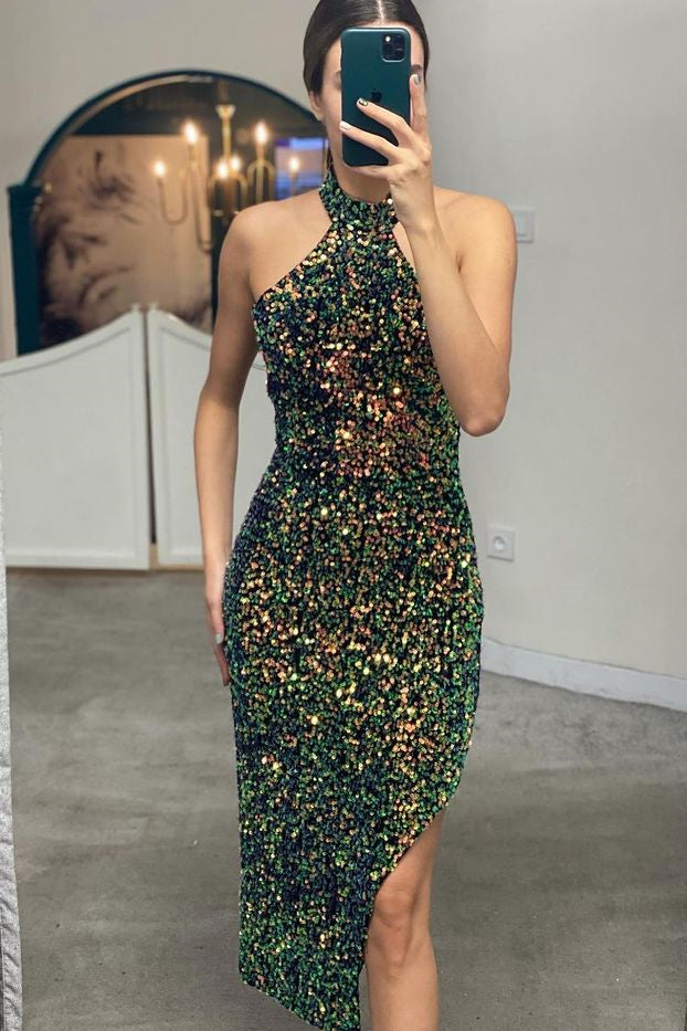 Elegant Short Mermaid Sequins Halter Party Prom Dresses with Slit