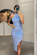 Elegant Short Mermaid Sequins Halter Party Prom Dresses with Slit