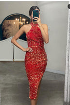 Elegant Short Mermaid Sequins Halter Party Prom Dresses with Slit