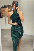 Elegant Short Mermaid Sequins Halter Party Prom Dresses with Slit