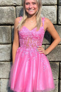 Elegantes Kurzes Rosa Träger Spitze Ärmelloses Glitzer-Homecoming-Kleid