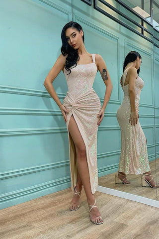 Elegant Shoulder Straps Sequins Long Mermaid Evening Dress with Split